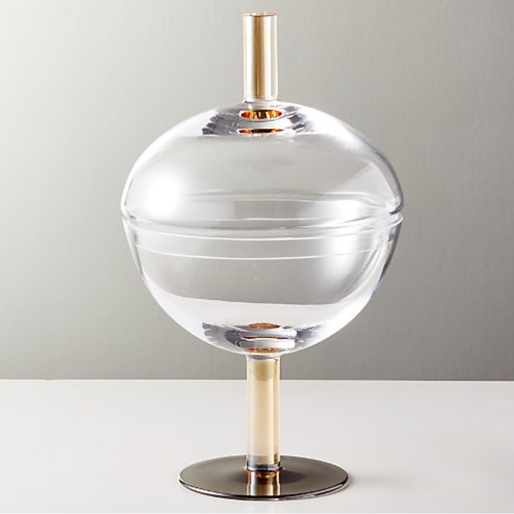 New! CB2 Beautiful Handmade Clear Glass and Gold Orb Dish with Lid